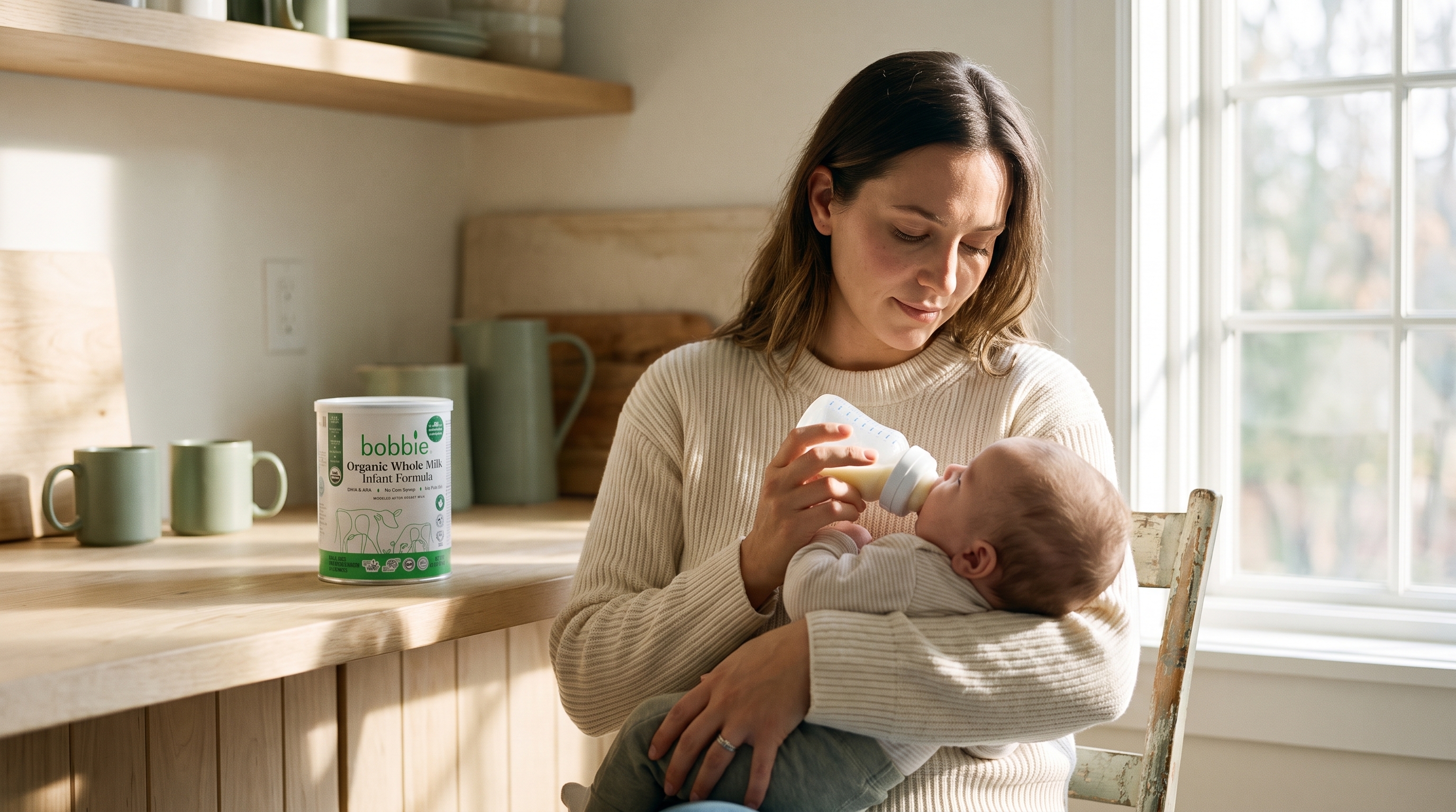 Homepage hero — parent bottle-feeding baby in morning kitchen light (16:9)